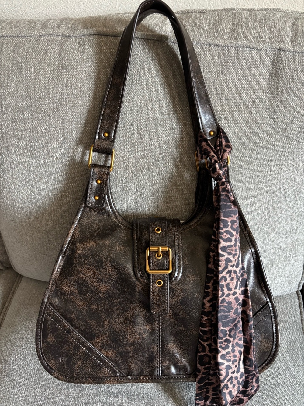NWT Steve Madden Brown Distressed Hobo Shoulder Bag Leopard Scarf